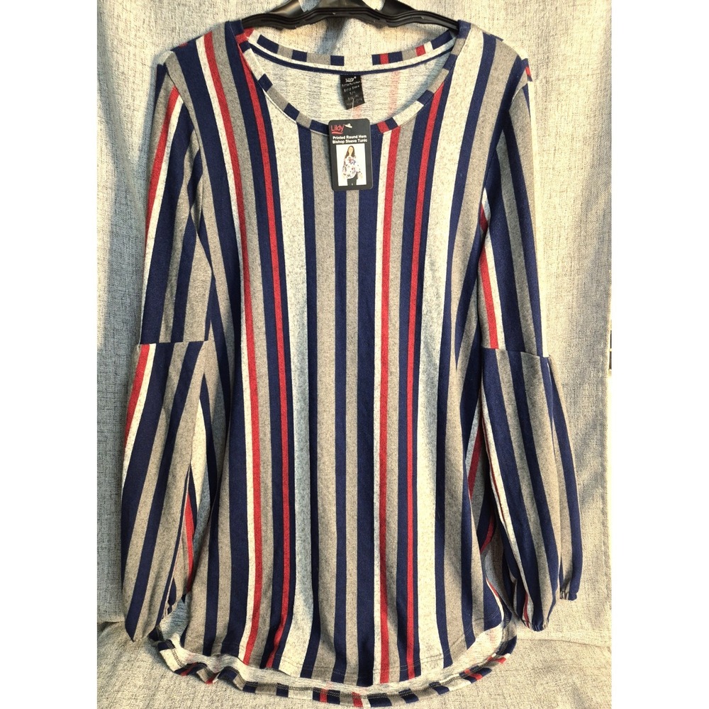 Lildy Round Hem Bishop Long Sleeve Striped L-XL Tunic NEW Red Blue Gray SOFT
